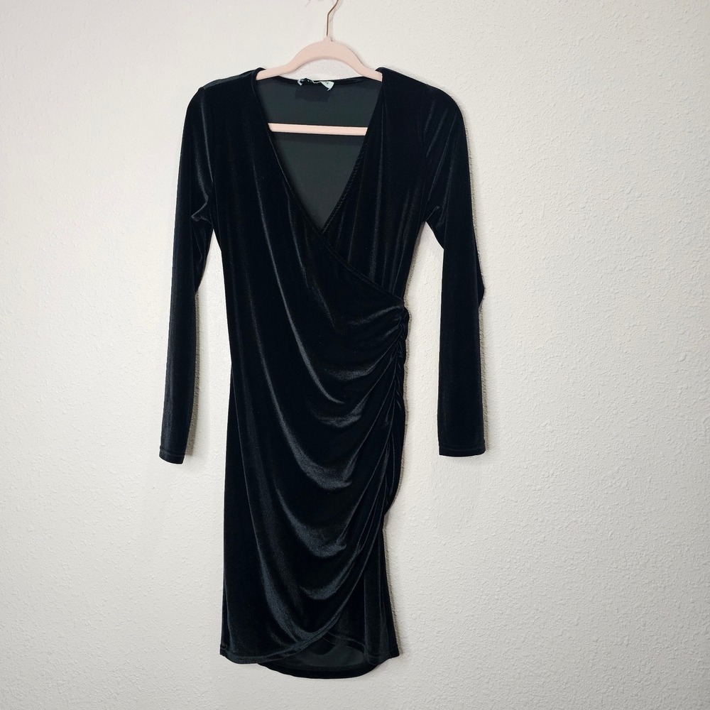 HALCYEEN Black Velvet Dress Ruched Bodycon‎ Midi Faux Wrap Size M Glam Party
